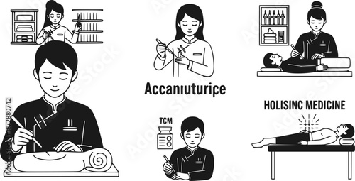 Acupuncturist Traditional Chinese Medicine Silhouette Acupuncture Therapist Healing TCM Practitioner Black Vector Isolated White Background Holistic Alternative Wellness