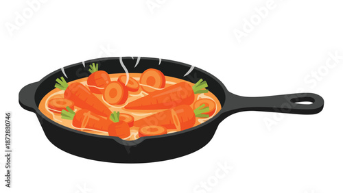 Vibrant stylized illustration of whole and sliced carrots simmering in a hot black skillet emitting steam.