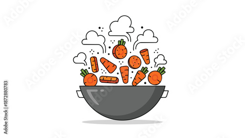 An assortment of vibrant orange carrots, both whole and neatly chopped, artfully rising from a steaming cooking pot, symbolizing wholesome culinary