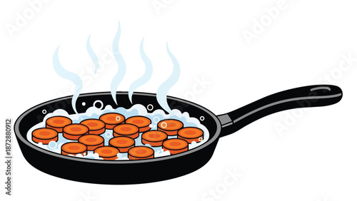 Vibrant orange food slices simmering in a steaming pan, illustrating home cooking and fresh meal preparation