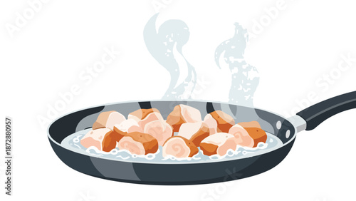 Delicious chicken pieces simmering gently in a hot frying pan, releasing aromatic steam, perfect for illustrating culinary concepts and cooking