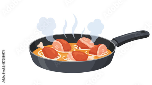 Sizzling meat in a hot pan cooking with steam rising, a vibrant culinary process illustration