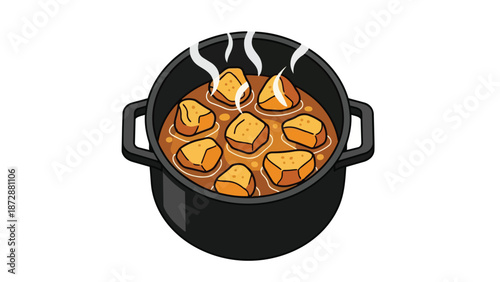 A wonderfully inviting and heartwarming illustration depicting a classic comfort food experience a delicious stew gently simmering in a dark pot