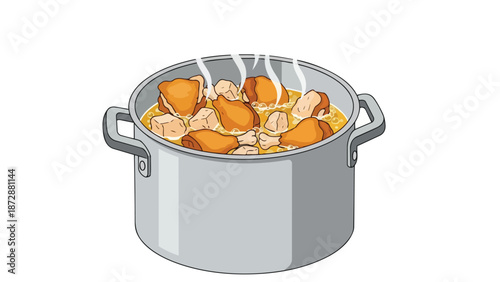 A delectable stew simmers gently in a large pot, featuring tender chicken pieces and wholesome cubed ingredients immersed in a rich, aromatic broth,