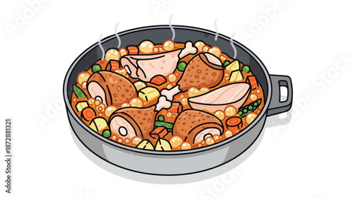An delightful illustration capturing a bubbling chicken and vegetable stew within a pan, brimming with delicious ingredients and ready to serve, a
