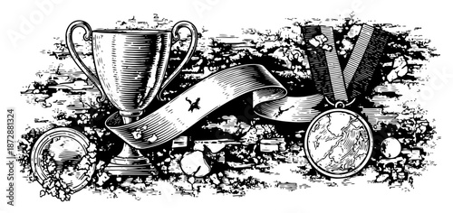 Hand drawn vector illustration of a trophy cup and medal award in vintage engraving style