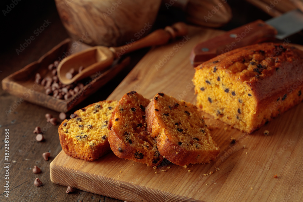 Fototapeta premium Cake with chocolate pieces on a kitchen table.