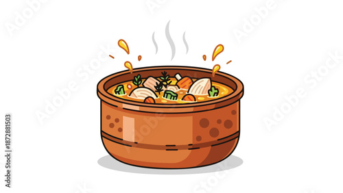 A vibrant illustration of a rustic clay pot brimming with a rich hot flavorful savory stew featuring tender chunks of protein and colorful garden