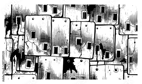 Grunge industrial wall composed of cracked rectangular armor plates