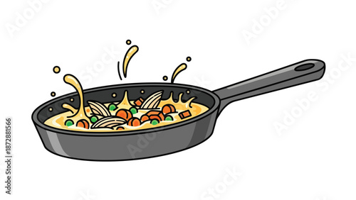 This dynamic cartoon depicts a delicious home-cooked meal actively simmering and splattering within a kitchen frying pan, bursting with fresh