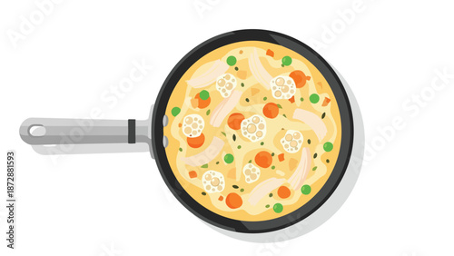 A vibrant creamy skillet meal illustration featuring mixed garden vegetables and tender protein pieces cooked to perfection, showcasing a healthy