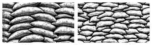 Seamless background texture of stacked military sandbags in vintage engraving style