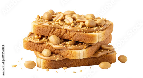 Delicious peanut butter sandwich with peanuts on toasted bread isolated on transparent background