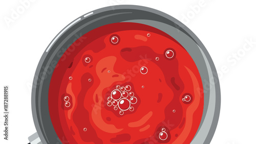 Dynamic illustration of a simmering ruby-red liquid in a round culinary vessel showcasing lively bubbles ideal for kitchen and cooking prep designs.