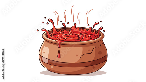 Dynamic illustration of a simmering pot with vibrant red liquid splashing and emitting steam, capturing culinary energy