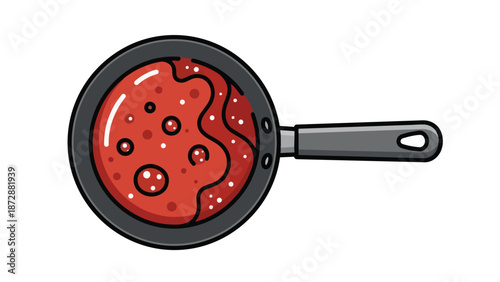 Vibrant cartoon illustration of a bubbling red sauce in a modern frying pan ready for cooking a delicious meal