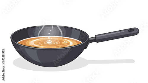 Illustrative depiction of a steaming skillet pan filled with hot liquid prepared for cooking