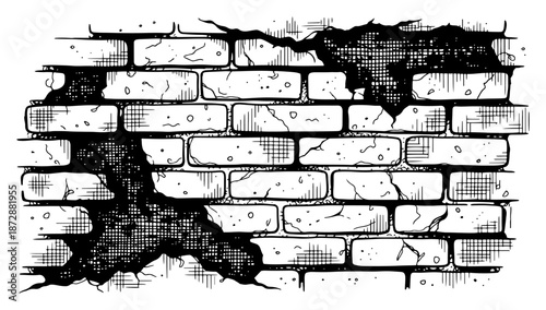 Old broken brick wall texture with peeling plaster in vintage engraving style