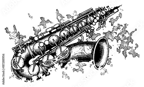Hand drawn saxophone musical instrument with grunge smoke background