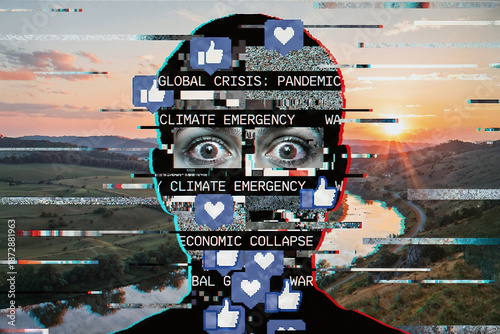 Glitch art silhouette head with stressed eyes and crisis headlines representing doomscrolling and digital anxiety