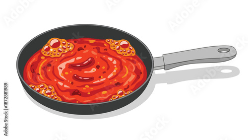 A vibrant illustration of a rich, simmering red sauce with distinct bubbles and chunky ingredients cooking in a black frying pan, ready for a