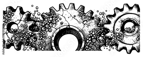 Detailed engraving of rusty mechanical gears with corrosion texture