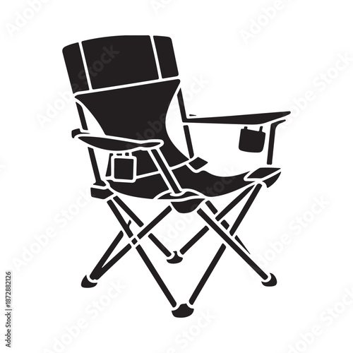 A black and white silhouette of a folding camping chair with armrests and cup holder