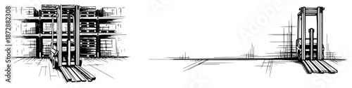 Warehouse interior sketch featuring forklifts and rows of storage shelves with cargo