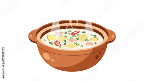 Heartwarming illustrated bowl of steaming savory comfort food in a rustic earthenware pot adorned with fresh vibrant herbs and chili for a