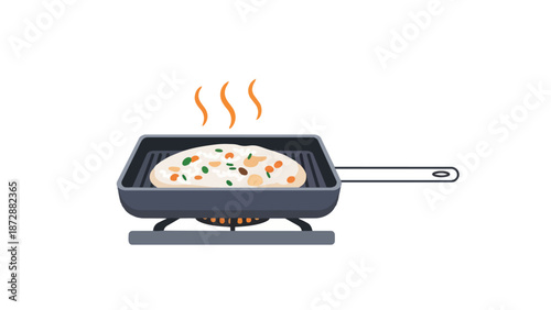 A detailed illustration of delicious flatbread actively cooking on a heated ridged grill pan, positioned over a gentle stovetop flame, emitting