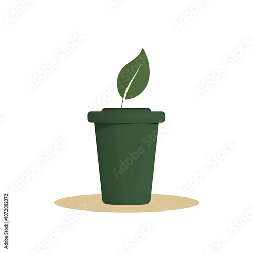 A green leaf sprouts from a pot on a beige surface viewed from the front