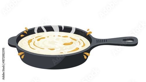 A dark skillet holding a creamy white dish with golden swirls and steam, indicating warm, freshly prepared homemade food, perfect for a cozy kitchen