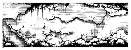 Panoramic rocky cave entrance with hanging roots and stones