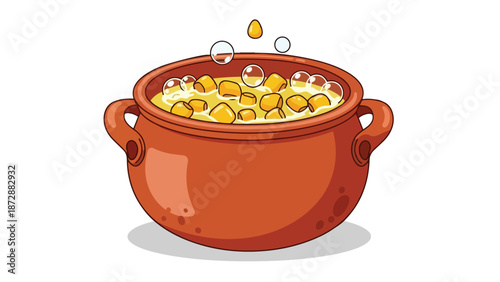 A vibrant illustration of golden food pieces simmering gently in a rustic orange cooking pot, creating joyful bubbles and a delicious aroma for a