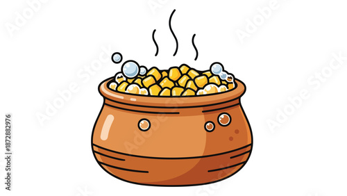 Charming cartoon pot of simmering golden corn kernels with frothy bubbles and rising steam for cheerful designs, adding a warm and inviting touch to