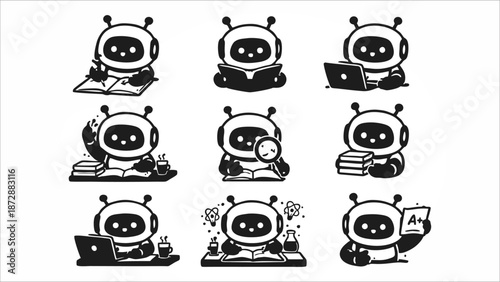 Artificial Intelligence Helping with Housework, Smart Home Robot Assistant Doing Daily Household Tasks, Cute AI Icon Set Illustration