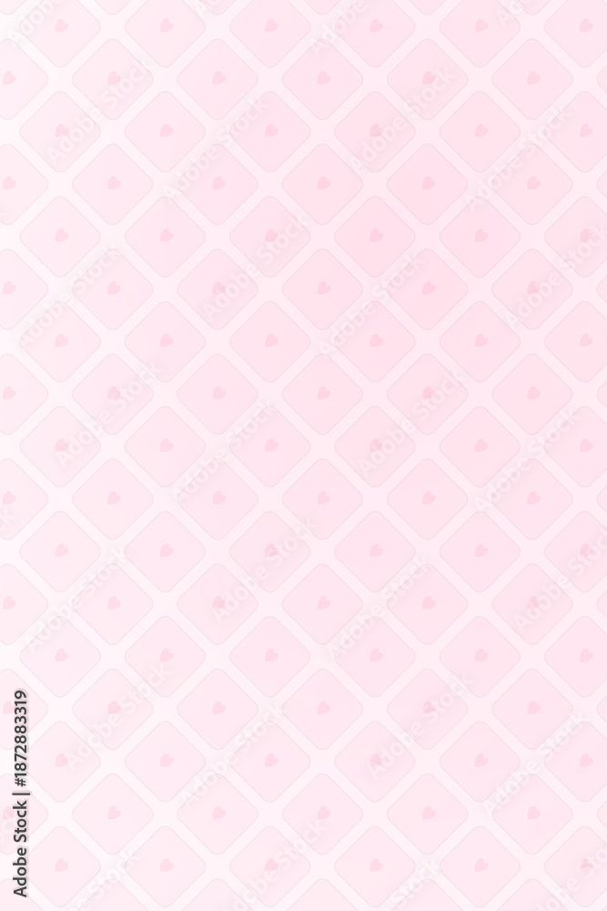 Fototapeta premium Repeating pattern of soft pink diamond shapes each containing a tiny heart, set on a light pastel background for a romantic and minimal decorative texture.