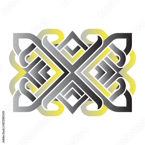 Intricate symmetrical abstract geometric pattern with interwoven lines in grey and yellow gradient, resembling a modern Celtic knot design.