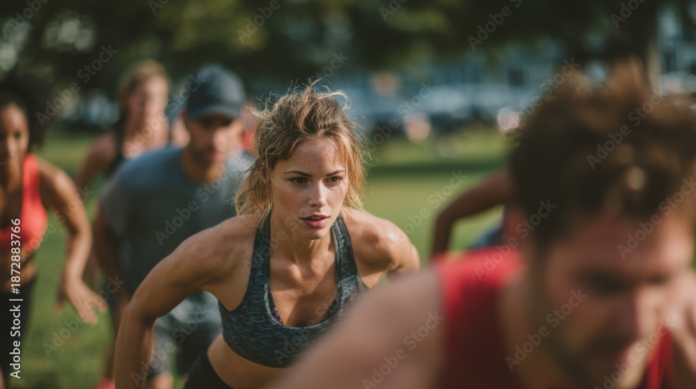 Naklejka premium Energetic group fitness bootcamp in a vibrant park setting midinterval bodyweight squats with the lead trainer sharply focused and surrounding participants blurred dynamically.