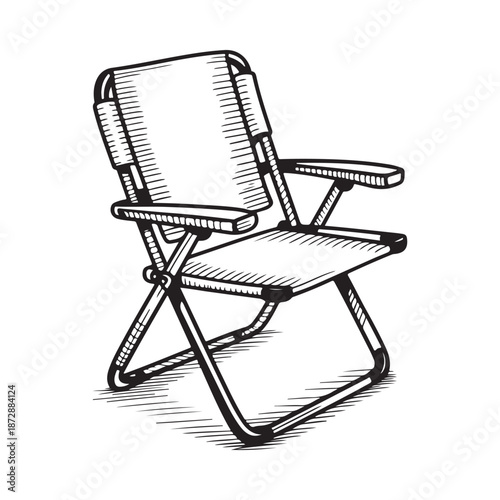 A detailed illustration of a foldable camping chair showcasing its simple design and portability