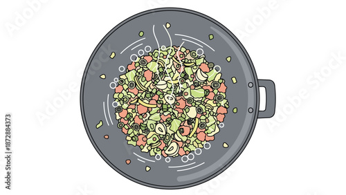 A colorful assortment of freshly prepared ingredients including diced vegetables gently cooks in a heated wok emitting delicate wisps of steam
