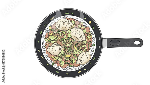 Overhead view of delicious dumplings and fresh vegetables simmering in a pan, an inviting culinary scene.