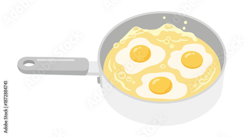 Illustrative depiction of three perfectly cooked sunny-side up eggs gently bubbling in a sleek grey frying pan, symbolizing fresh breakfast and home