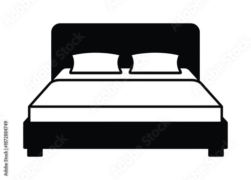 Black and white vector illustration of a double bed with pillows