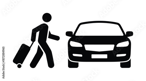 Simple vector icon depicts traveler with luggage approaching a car