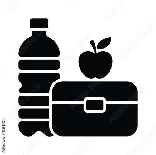 Vector illustration of lunch box with apple and water bottle.