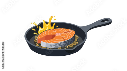 A vibrant cartoon illustration showcasing a fresh salmon steak sizzling in a dark cast iron pan with golden oil splashes a delicious cooking moment
