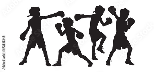 Boxing Training Silhouette Set, Kids and Teens Punching Action Vector On White Background.