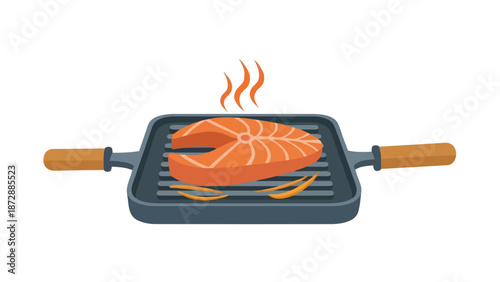 Succulent salmon steak sizzling on a cast iron grill pan with wisps of steam gently rising, accompanied by fresh herbs, creating an inviting image