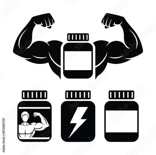 Vector illustration of muscular arms and sports supplement jars